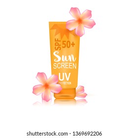 Sunscreen with plumeria flower icon, sunblock SPF 50, protection skin health concept