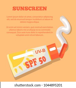 Afiche de protector solar con inscripción. Ilustración vectorial que representa la loción bloqueador solar con su contenido contra el fondo naranja claro