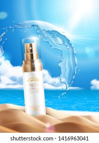 Sunscreen product ads with moisturizing water protective shield in ball shape on beautiful beach background, 3d illustration