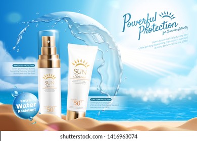 Sunscreen product ads with moisturizing water protective shield in ball shape on beautiful beach background, 3d illustration