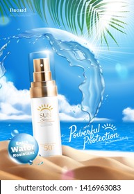 Sunscreen product ads with moisturizing water protective shield in ball shape on beautiful beach background, 3d illustration