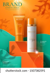 Sunscreen product ads on orange square podium and paper art background in 3d illustration