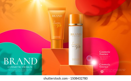 Sunscreen product ads on orange square podium and paper art background in 3d illustration