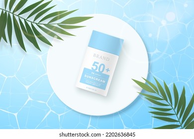 Sunscreen product ads template on water background.