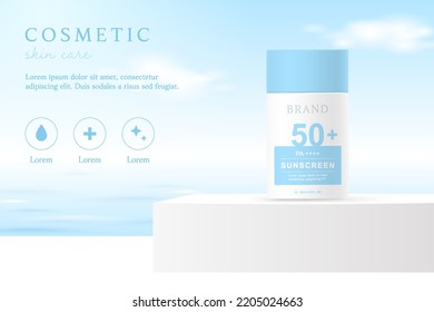 Sunscreen product ads template on water background.