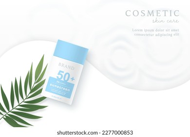 Sunscreen product ads template on water background with leaves.