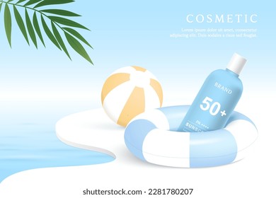 Sunscreen product ads template on water background with swim ring.