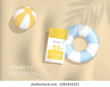 Sunscreen product ads template on beach background with swim ring.