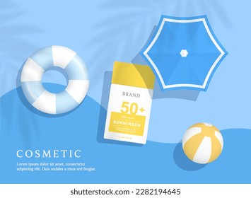 Sunscreen product ads template on water background with swim ring.