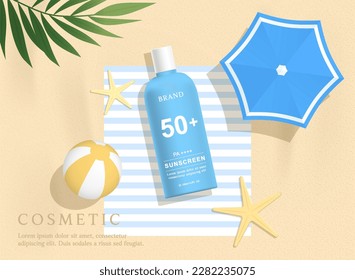 Sunscreen product ads template on beach background with leaves.
