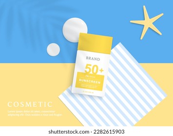 Sunscreen product ads template on blue and yellow background.