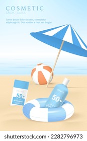 Sunscreen product ads template on beach background with swim ring.