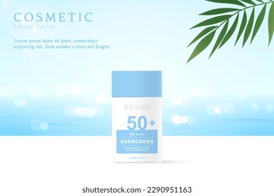 Sunscreen product ads template on ocean background with leaves.