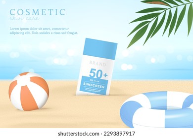 Plantilla de anuncios de productos de pantalla solar sobre el fondo de la playa con anillo de natación.