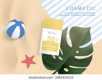 Sunscreen product ads template on beach background with leaves.