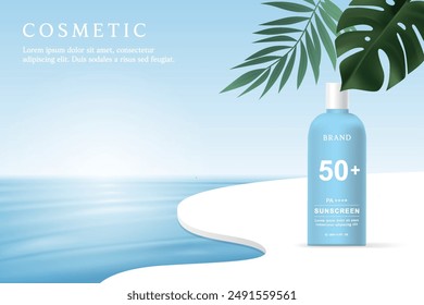 Sunscreen product ads template on water background with  leaves.