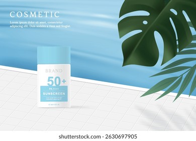 Sunscreen product ads template on pool background with  leaves.