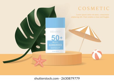 Sunscreen product ads template on yellow background with  leaves.