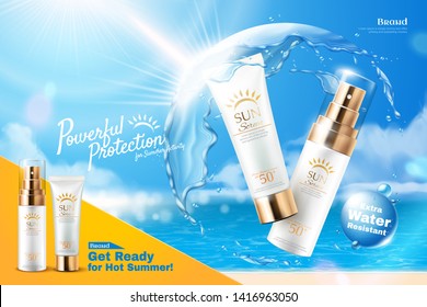 Sunscreen product ads with water protective shield in ball shape on bokeh beach background, 3d illustration