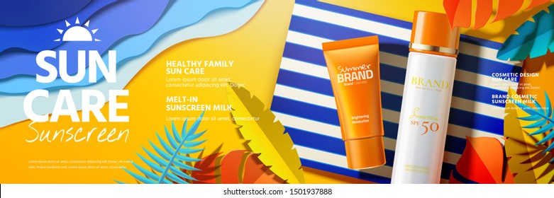 Sunscreen product banner ads lying on paper art beach in 3d illustration