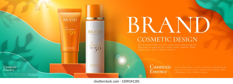 Sunscreen Product Banner Ads On Orange Square Podium And Paper Art Background In 3d Illustration