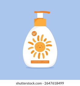 Design de produto de protetor solar com um bonito sol desenhado à mão. Bomba o frasco com uma loção de protetor solar. Ilustração vetorial