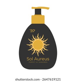 Design de produto de protetor solar com um emblema dourado do sol. Bomba o frasco com uma loção de protetor solar. Ilustração vetorial