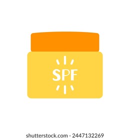 Sunscreen product flat vector isolated illustration. Skincare cosmetic for sun protection. Spf cream jar