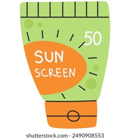 Sonnenschutzmittel-flache Vektorgrafik isolierte Abbildung. Hautpflegende Kosmetik für den Sonnenschutz. Spf-Spender.