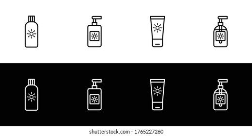 Sunscreen product icon set. Flat design icon collection isolated on black and white background. Lotion, gel, cream, and spray.