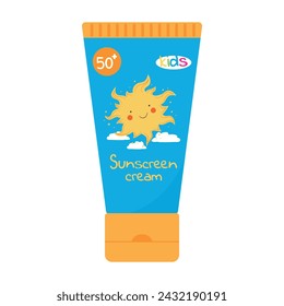 Sunscreen product for kids in a tube. Baby SPF summer skincare product design with a cute sun. Vector illustration