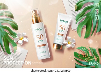 Sunscreen product laying on beach with tropical leaves in 3d illustration