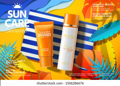 Sunscreen product lying on paper art beach with tropical leaves in 3d illustration, sunblock ad