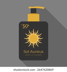 Projeto de pacote de produto protetor solar com um sol dourado. Bomba o frasco com uma loção ou creme protetor solar. FPS 50. Ilustração vetorial