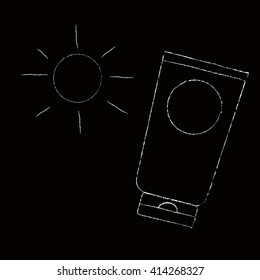 Sunscreen product with sun in doodle draw with chalk line on blackboard  