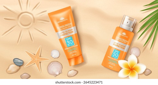 Sunscreen products designed for sun protection displayed on sandy beach. Vibrant orange packaging with SPF details stands out. Decorative seashells and starfish enhance a summer vibe.