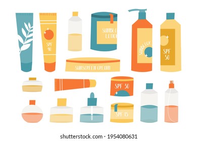 Sunscreen products in different bottles. Sunblock lotion, oil, gel, moisturizer, spray. UV protection, skin care with SPF. Vector flat cartoon illustration