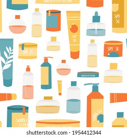 Sunscreen products in different bottles. Sunblock lotion, oil, gel, moisturizer, spray. UV protection, skin care with SPF. Vector seamless pattern, flat cartoon illustration