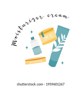Sunscreen products in different bottles. Sunblock lotion, oil, gel, moisturizer, spray. UV protection, skin care with SPF. Vector flat cartoon illustration
