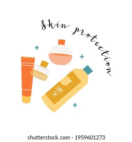 Sunscreen products in different bottles. Sunblock lotion, oil, gel, moisturizer, spray. UV protection, skin care with SPF. Vector flat cartoon illustration