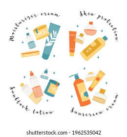 Sunscreen products in different bottles. Sunblock lotion, oil, gel, moisturizer, spray. UV protection, skin care with SPF. Vector flat cartoon illustration
