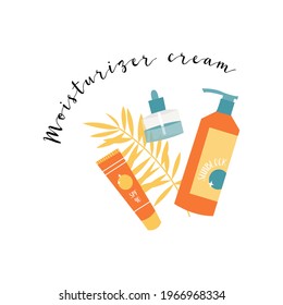 Sunscreen products in different bottles. Sunblock lotion, oil, gel, moisturizer, spray. UV protection, skin care with SPF. Vector flat cartoon illustration