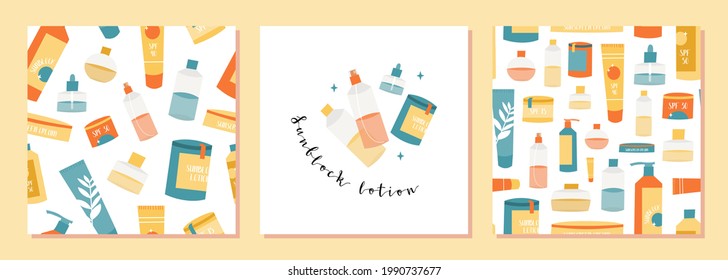 Sunscreen products in different bottles. Sunblock lotion, oil, gel, moisturizer, spray. UV protection, skin care with SPF. Vector flat cartoon illustration, seamless pattern