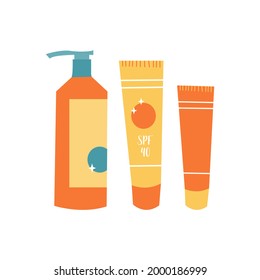 Sunscreen products in different bottles. Sunblock lotion, oil, gel, moisturizer, spray. UV protection, skin care with SPF. Vector flat cartoon illustration