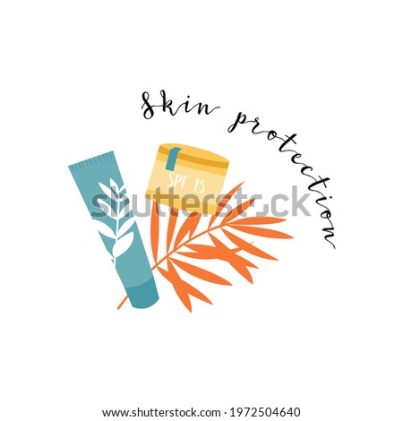 Sunscreen products in different bottles. Sunblock lotion, oil, gel, moisturizer, spray. UV protection, skin care with SPF. Vector flat cartoon illustration