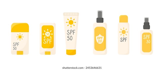 Sunscreen products in flat style. SPF stick, spray, cream isolated illustration. Design element.