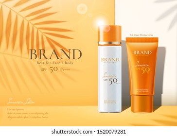 Sunscreen products set ads with summer palm leaves shadows on chrome yellow background in 3d illustration