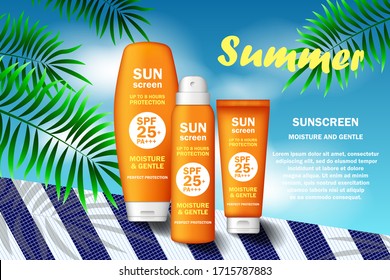 Sunscreen products set ads with summer palm leaves against the sky and towels. Summer beach. Advertising background.