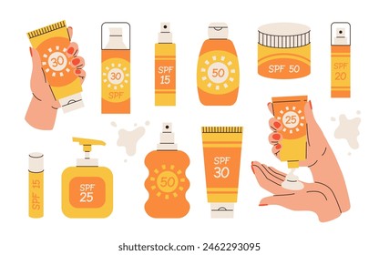 Sunscreen products set isolated. Hands applying sunscreen product. SPF protection and sun safety concept. SPF summer products lotion, cream, spray.