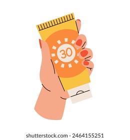 Sunscreen products set isolated. Hands applying sunscreen product. SPF protection and sun safety concept. SPF summer products lotion, cream, spray.
